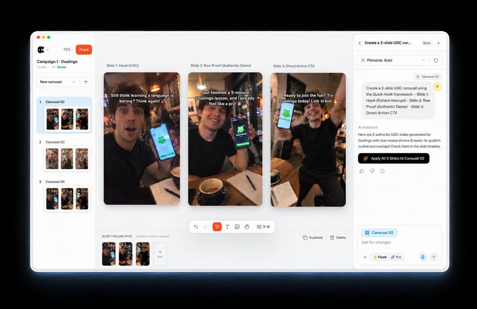 Keyremix AI carousel canvas showing a 3-slide UGC carousel with hook, story, and CTA slides being refined