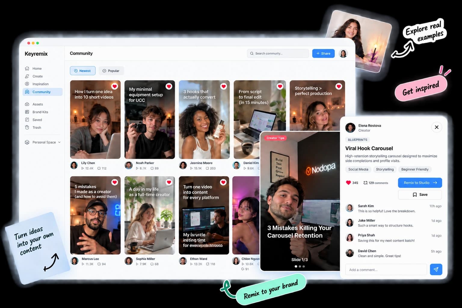 Keyremix Community gallery showing creator UGC carousels with a viral hook remix detail panel