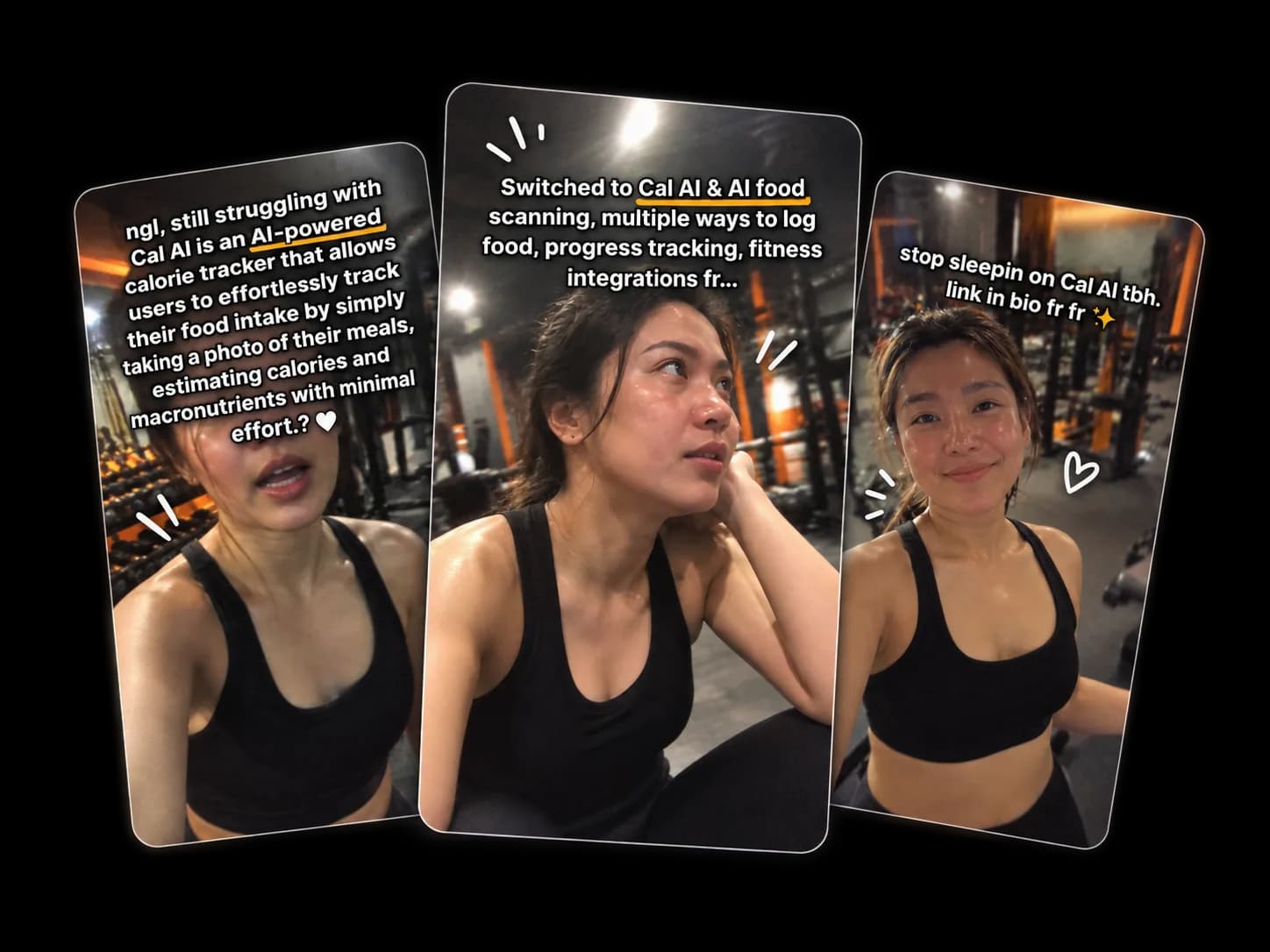 Creator gym selfie trio showing TikTok carousel captions about Cal AI food scanning